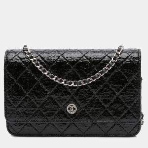 Chanel Black CC Quilted Crinkled Patent Wallet On Chain