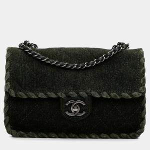Chanel Green Quilted Wool Felt Whipstitch Fancy Flap
