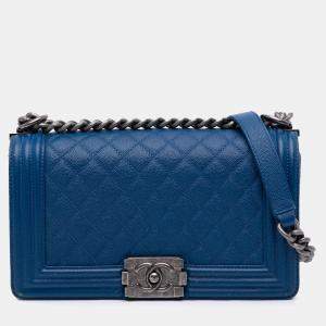 Pre Owned Chanel Blue Old Medium Quilted Caviar Boy Flap