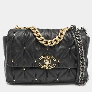 Chanel Black Quilted Leather Studded Small 19 Flap Bag