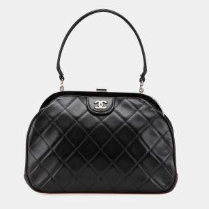 Chanel Black CC Quilted Lambskin Kiss Lock Frame Top Handle Bag