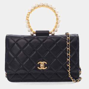 Chanel Black Lambskin Pearl Crown Wallet On Chain (WOC)
