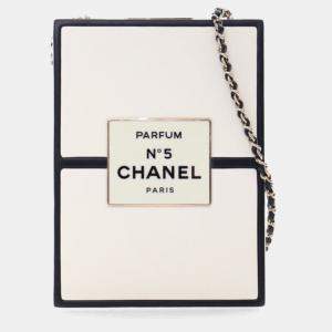 Chanel White Calfskin No.5 Perfume Box Evening Clutch Bag