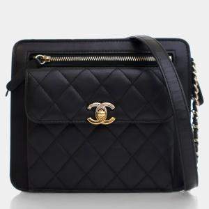 Chanel Black Lambskin Square Front Pocket Clutch With Chain