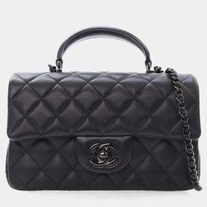 Chanel  Black Lambskin Rectangular Mini So Top Handle Classic Flap Bag