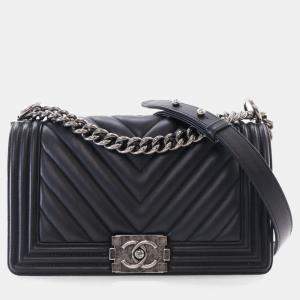 Chanel  Black Calfskin Chevron Medium Boy Bag