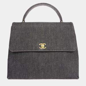 Chanel Black Denim Medium Top Handle Bag 
