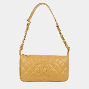 Pre Owned Chanel Beige Calfskin Chain Shoulder Bag 