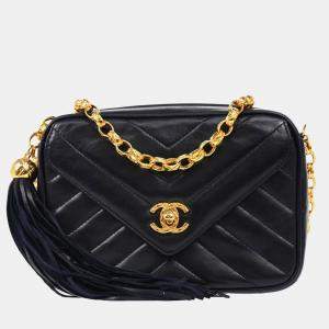 Chanel Navy Chevron Lambskin Vintage Front Pocket Small Camera Bag