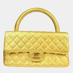 Chanel Gold Lambskin Quilted CC Classic Flap Top Handle Bag