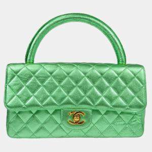 Chanel Metallic Green Lambskin Quilted CC Top Handle Handbag