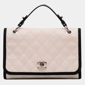 Chanel Beige CC Bicolor Quilted Caviar and Grosgrain Top Handle Flap