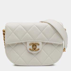 Pre Owned Chanel White CC Quilted Lambskin Round Moon Messenger Flap