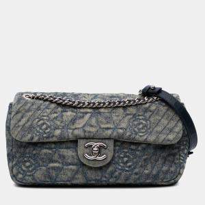 Pre Owned Chanel Blue Medium Embroidered Denim Camellia Flap