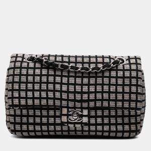 Chanel Black/White Medium Classic Ribbon Tweed Double Flap