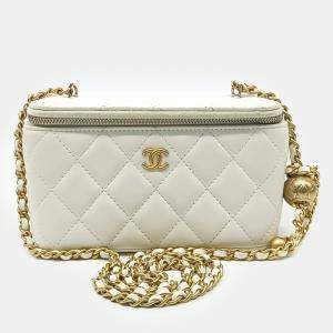 Chanel White Leather Golden Ball Vanity Small Crossbody Bag