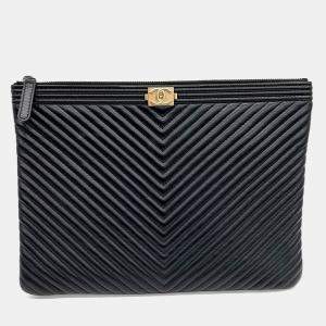 Chanel Black Leather Chevron Boy Clutch New Medium