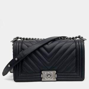 Chanel Black Leather Caviar Chevron Boy Bag Medium