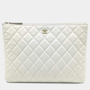 Chanel White Leather Caviar Clutch New Medium
