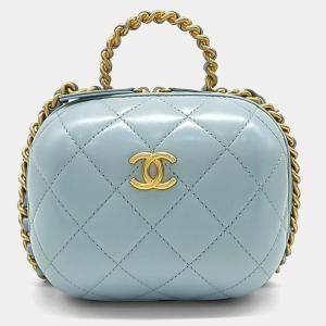 Pre Owned Chanel Blue Leather Cosmetic Top Handle Crossbody Bag