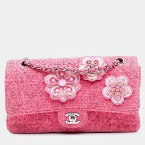 Chanel Pink Medium Classic Tweed Beaded Flower Double Flap