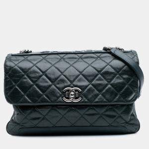 Chanel Green Quilted Aged Calfskin Logo Accordion Flap