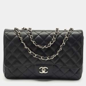 Chanel Black Quilted Caviar Leather Jumbo Classic Single Flap Bag