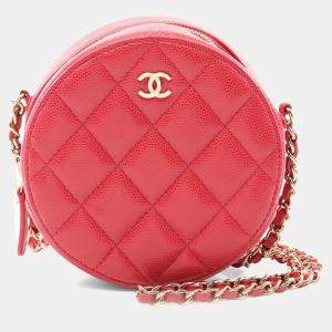 Chanel Red Quilted Caviar Round Clutch With Chain