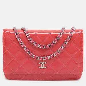 Chanel Pink Quilted Patent Leather CC Wallet On Chain