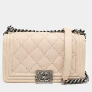 Pre Owned Chanel Beige Quilted Wild Stitched Leather Medium Boy Flap Bag