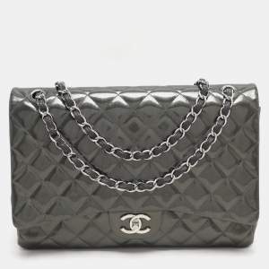Chanel Grey Straited Quilted Patent Leather Maxi Classic Double Flap Bag