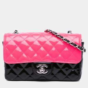 Pre Owned Chanel Black/Pink Mini Rectangular Classic Patent Single Flap