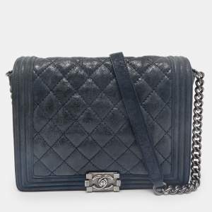 Chanel Navy Blue Quilted Iridescent Leather Boy Flap Bag