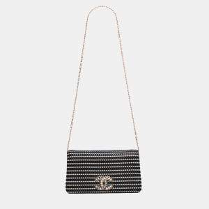 Pre Owned Chanel Black CC Bicolor Woven Lambskin Crystal Pearl Flap