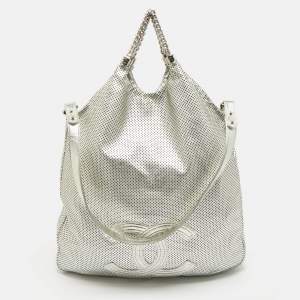 Chanel Silver Perforated Leather Rodeo Drive Hobo