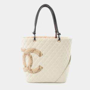 Chanel White Quilted Leather And Python Cambon Tote Bag