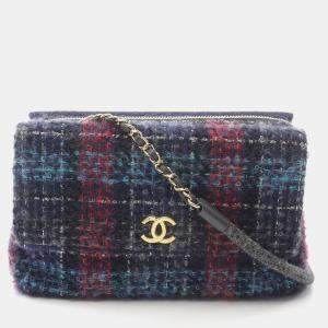 Chanel Blue Multicolor Tweed Quilted Enamel CC Double Flap Bag