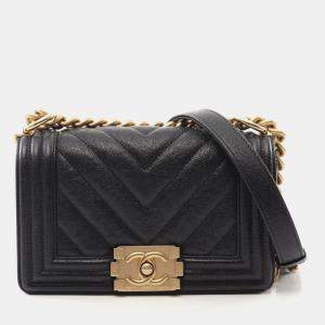 Chanel Black Caviar Chevron Quilted Boy Flap Bag