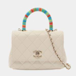 Chanel White Quilted Chevre  Rainbow Coco Handle Flap Bag