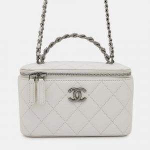 Chanel White CC Quilted Lambskin Chain Top Handle Vanity Bag