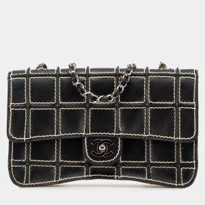 Chanel Black Lambskin Contrast Square Stitch Flap