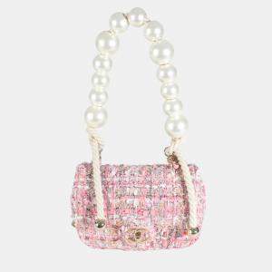 Chanel Pink Multicolor Tweed Mini Pearl Handle Flap Bag