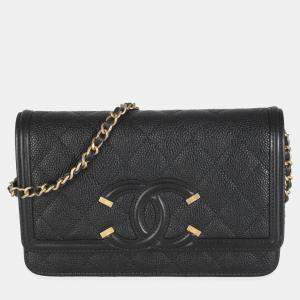 Chanel Black Quilted Caviar Filigree Wallet On Chain