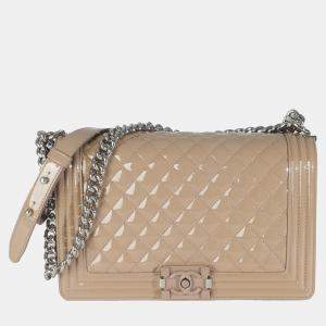 Chanel Beige Quilted Patent Plexi New Medium Boy Bag