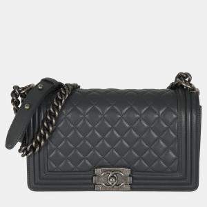 Chanel Dark Grey Quilted Lambskin Old Medium Boy Bag