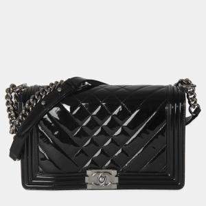 Chanel Black Patent Chevron Old Medium Boy Bag