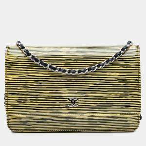 Chanel Black Yellow Patent Striped Wallet On Chain