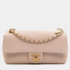Chanel Beige Medium Chevron Wrinkled Calfskin Medallion Charm Flap