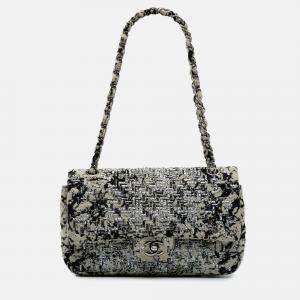 Chanel Black/White Medium Classic Wool Herringbone Double Flap
