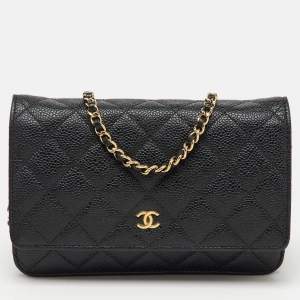 Chanel Black Quilted Caviar Leather CC Classic Wallet On Chain